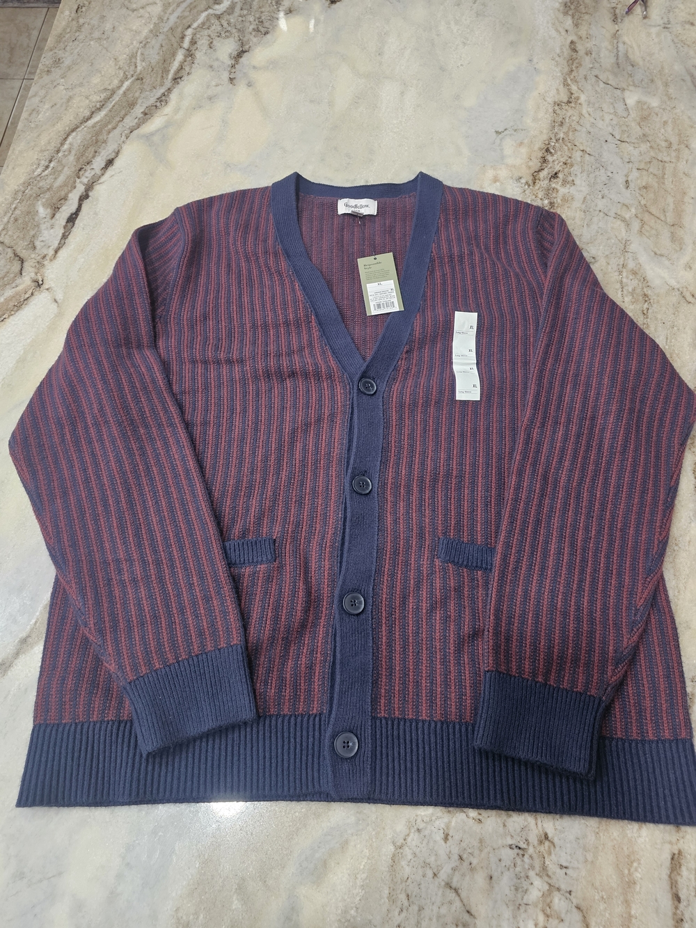 Goodfellow & Co Cardigan Men’s XL Maroon Navy Stripe Button Front Cozy NWT